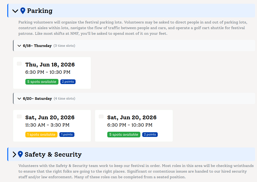 Volunteers browse locations and pick the time slots that work for them