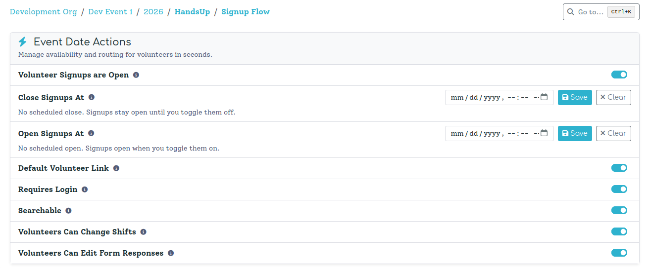 The Signup Flow page showing the Event Date Actions card with all toggles