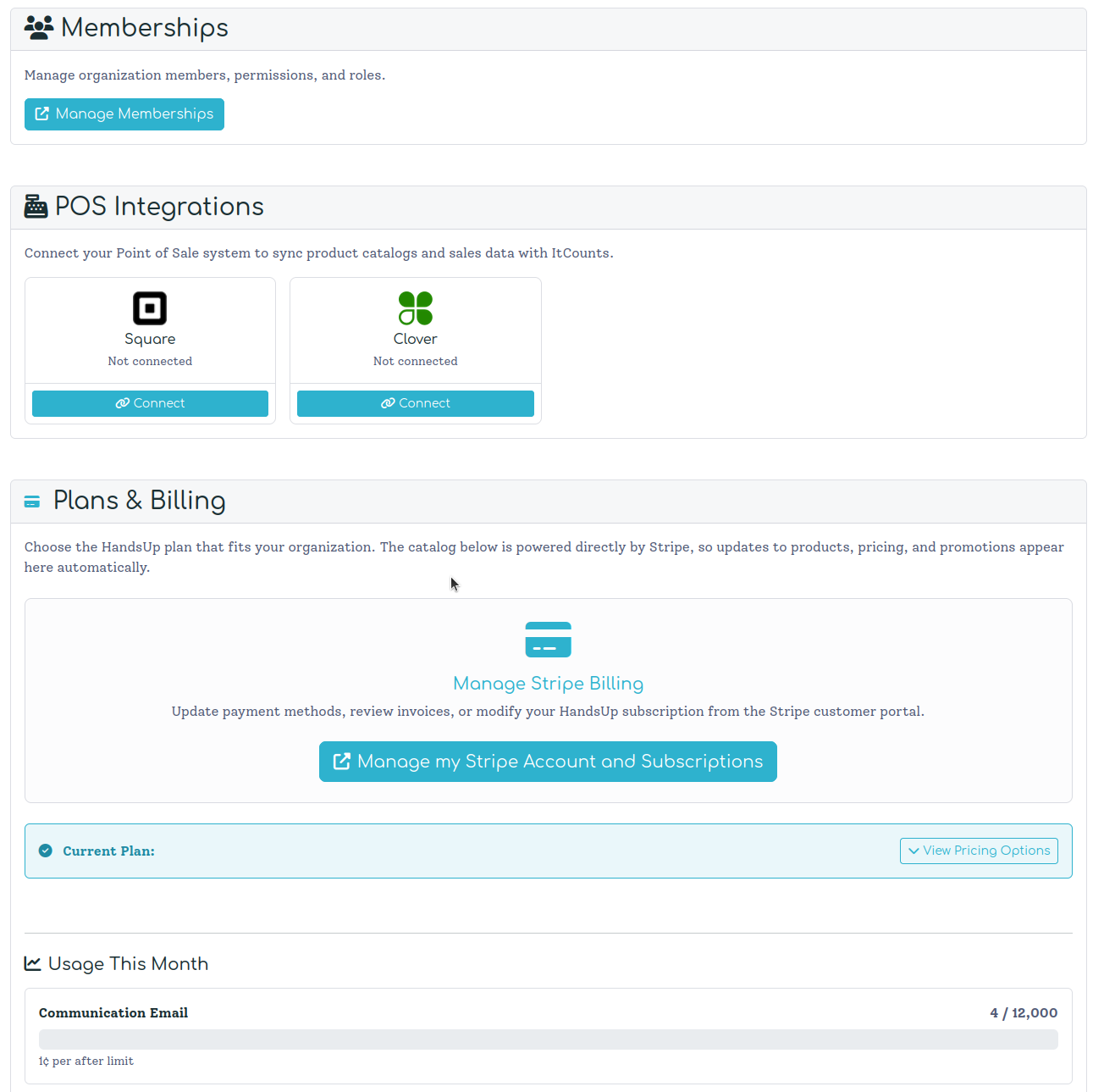 Organization memberships, POS integrations, and Plans & Billing sections